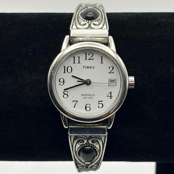 Silver & Black Stone Timex Watch - Picture 1 of 4